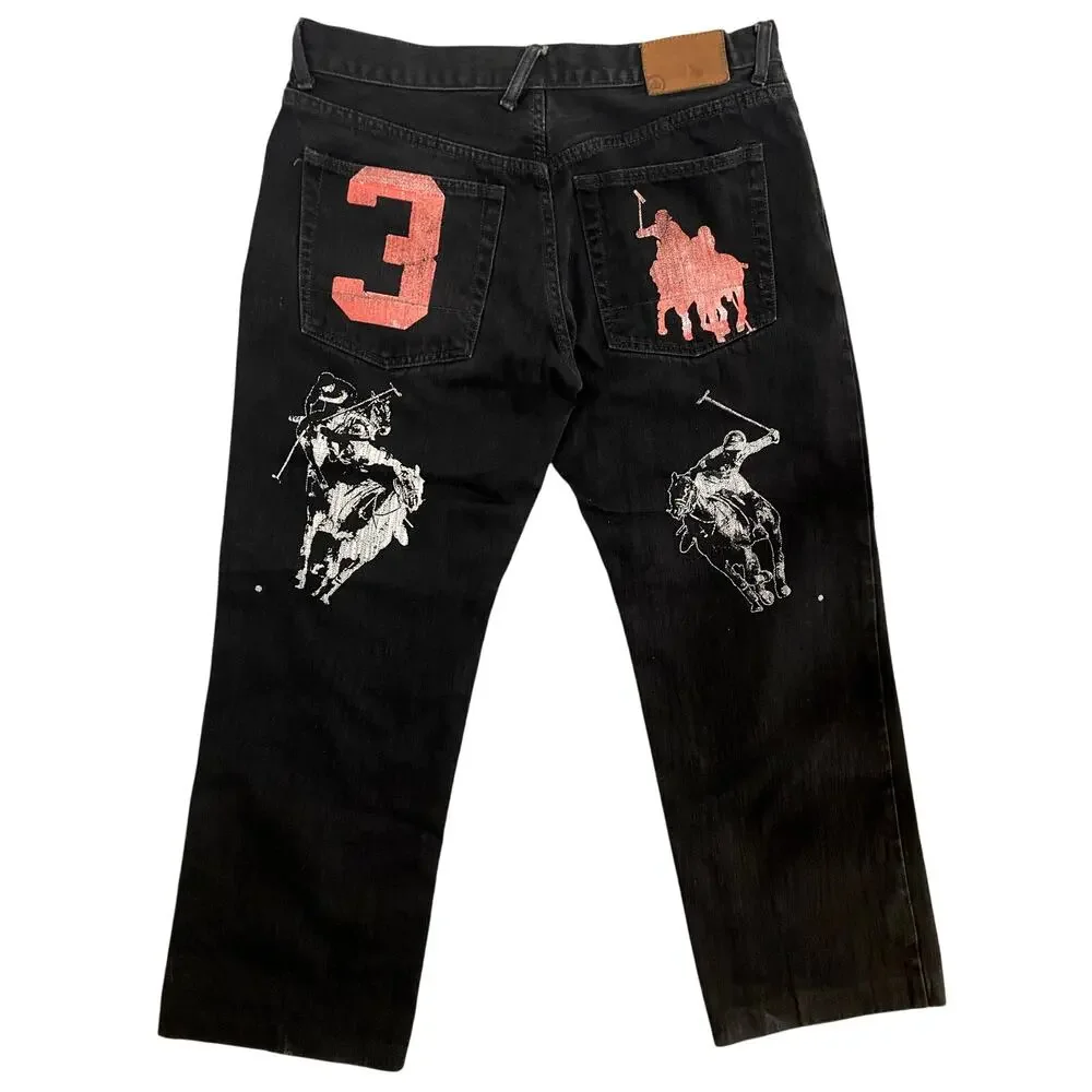 Crown Basics Jeans Mens 36X28 Black Loose Straight Painted‎ Back Y2K Button Fly